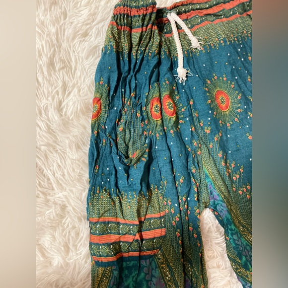 Majestic Peacock Boho Festival Hippie Indie Gypsy Harlem Palazzo Pants Green S M - Picture 4 of 14